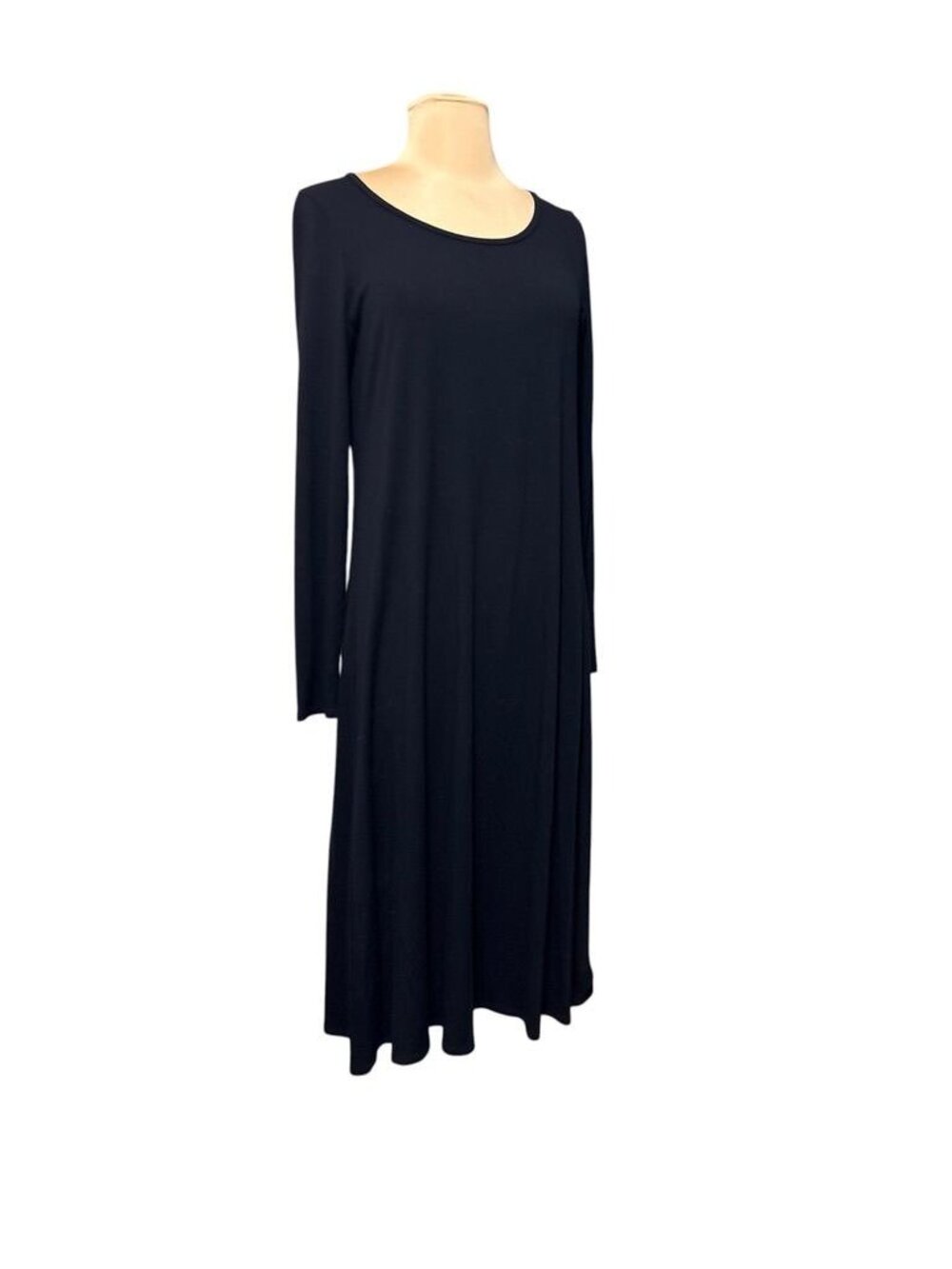 Eileen Fisher Jersey Midi Dress S Black Long Sleeve Keyhole Casual Stretch Trave